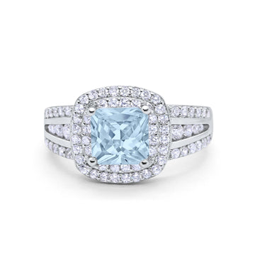Halo Art Deco Wedding Ring Princess Cut Round Simulated Aquamarine CZ 925 Sterling Silver